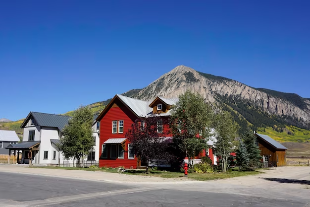 houses surrounded by trees and mountains in the background