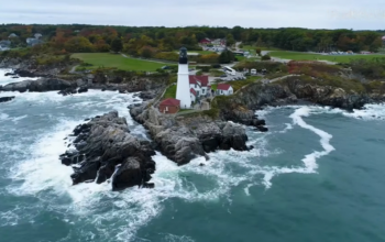 the shore with a lighthouse on it, trees, and town landscape behind