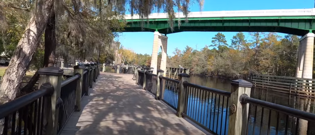 bridge surrounded by trees and a lake