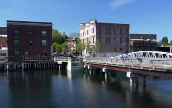 River with Bridge and Buildings